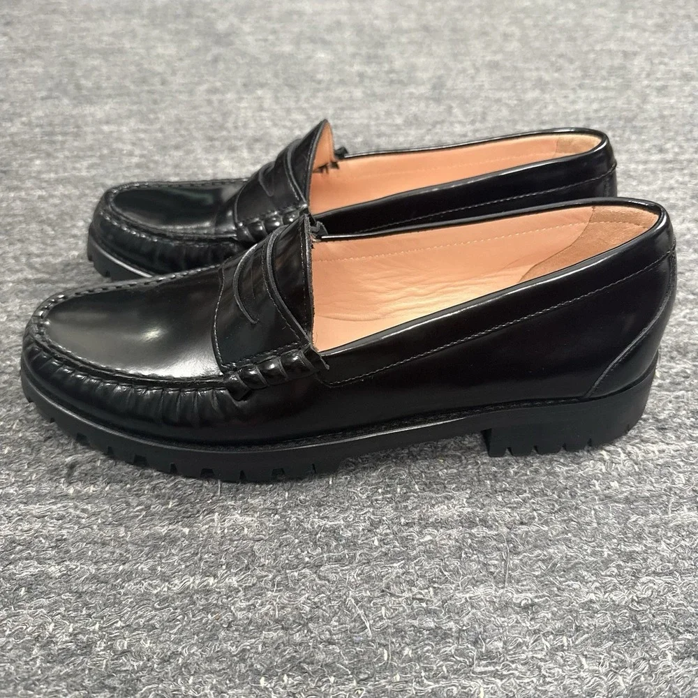 J Crew Winona Lug Sole Penny Loafers Women 9 Black Spazzolato Leather Chunky - Picture 2 of 12